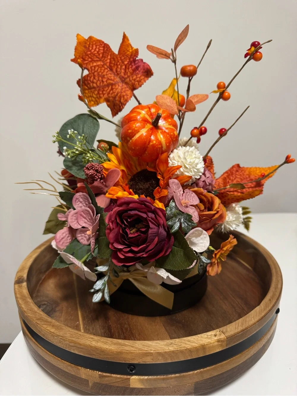 Handmade Fall Floral Arrangement with Pumpkin – Autumn Thanksgiving Centerpiece